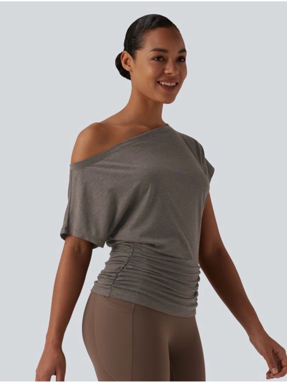 HALARA Off-Shoulder Ruched Short Sleeve Top — Chocolate Chip